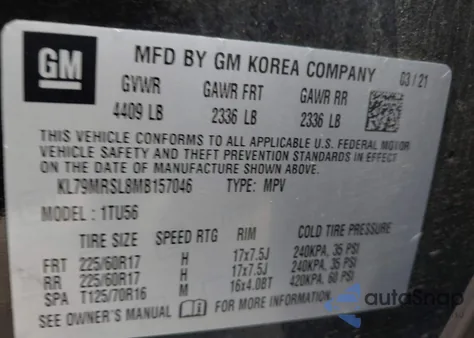 2021 Chevrolet Trailblazer Awd Lt from USA, damaged, VIN KL79MRSL8MB157046